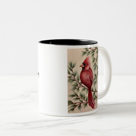 Red Cardinal and Pine Two-Tone Coffee Mug Zweifarbige Tasse (VorderseiteRechts)