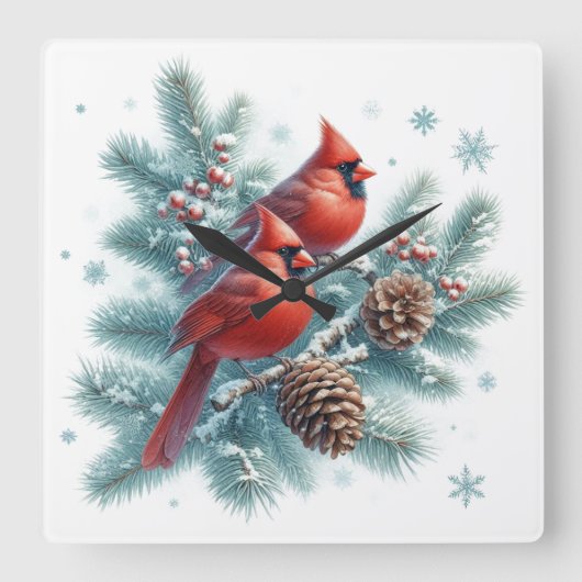 Red Cardinal Bird and Pine Wall Clock Quadratische Wanduhr (Vorderseite)