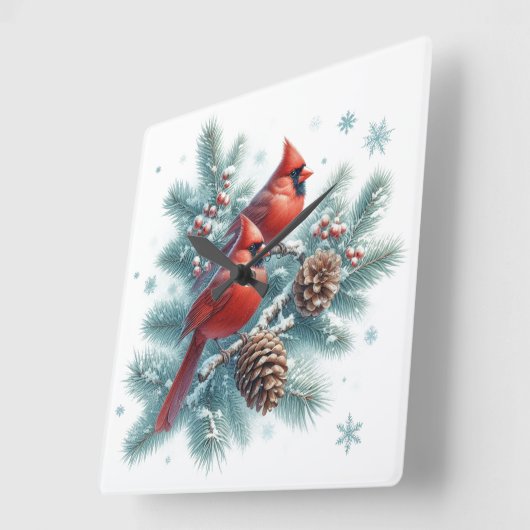 Red Cardinal Bird and Pine Wall Clock Quadratische Wanduhr (Winkel)