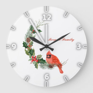 Red Cardinal Bird Holly Berry Christmas Große Wanduhr