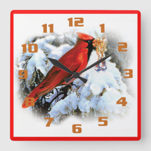 Red Cardinal Christmas Bells Rustic Holiday Quadratische Wanduhr