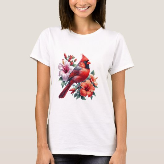 Red Cardinal & Hibiscus Vibrant Floral Bird T-Shirt (Vorderseite)