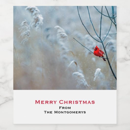 Red Cardinal in Winter Nature Foto von Christmas Weinetikett (Einzelnes Label)