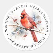 Red cardinal watercolor family name runder aufkleber (Vorderseite)