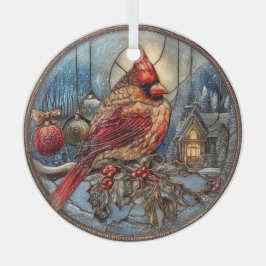 Red Cardinal Winter Scene with Holly  Ornament Aus Glas