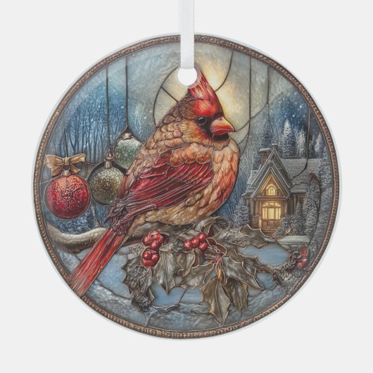 Red Cardinal Winter Scene with Holly Ornament Aus Glas (Vorderseite)