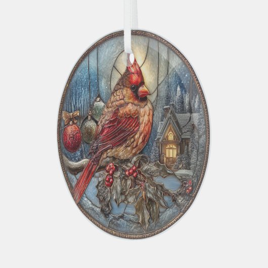 Red Cardinal Winter Scene with Holly Ornament Aus Glas (Vorderseite links)
