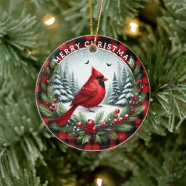 Red Cardinal with Holly Berries Keramik Ornament