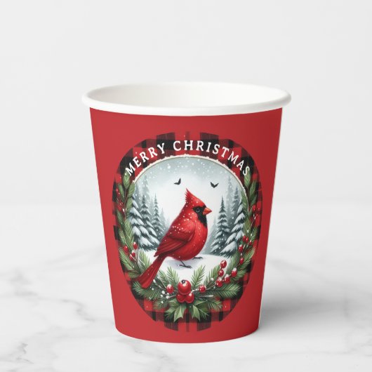 Red Cardinal with Holly Berries Pappbecher (Rückseite)