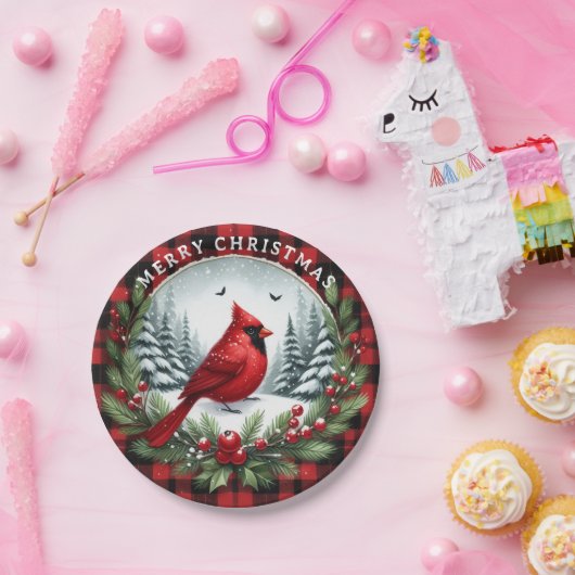 Red Cardinal with Holly Berries Pappteller (Party)