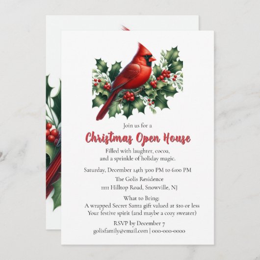 Red Cardinal with Holly Christmas Open House Einladung (Vorne/Hinten)