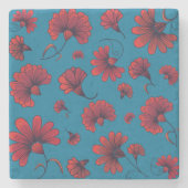 Red Carnation Pattern in Blue Steinuntersetzer (Vorderseite)