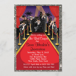 Red Carpet Hollywood Glitzer Quinceañera Invite Einladung