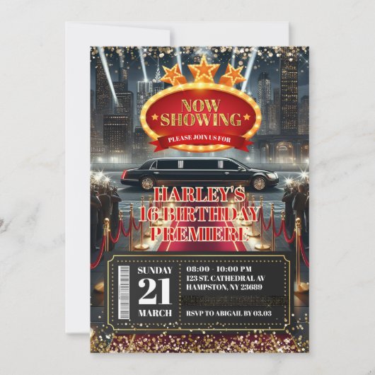 Red Carpet Hollywood Movie Premiere Birthday Einladung (Vorderseite)