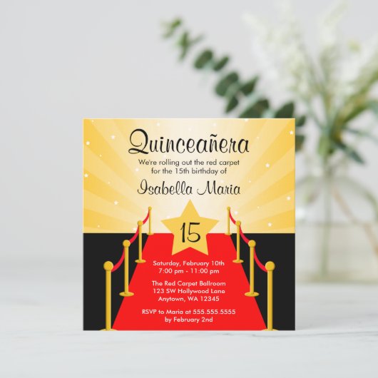 Red Carpet Hollywood Quinceanera Birthday Party Einladung (Stehend Vorderseite)