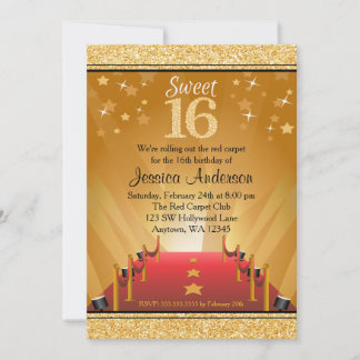 Red Carpet Hollywood Star Gold Sweet 16 Geburtstag Einladung