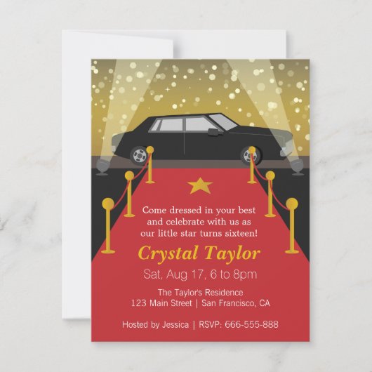 Red Carpet, Hollywood Theme Party, Girl Birthday Einladung (Vorderseite)