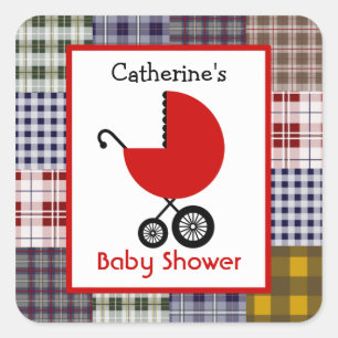 Red Carriage & Kariert Patchwork für Babydusche Quadratischer Aufkleber