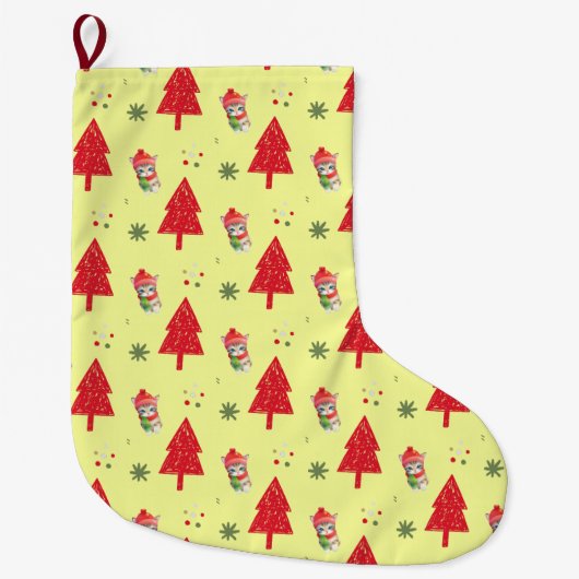 Red Cat Santa Xmas tree Nahtloses Muster Großer Weihnachtsstrumpf (Vorderseite)