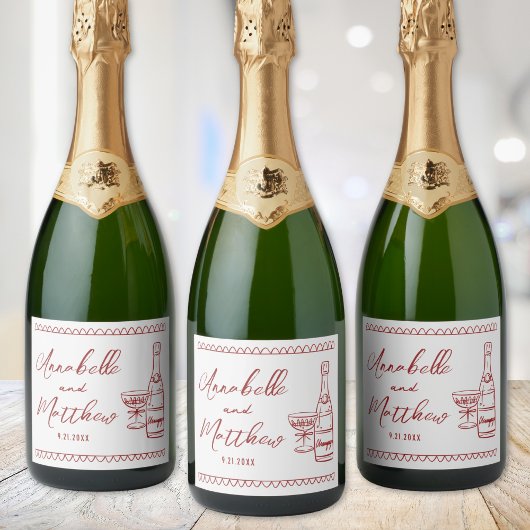Red Champagne Hand Drawn Wedding Schaumweinetikett