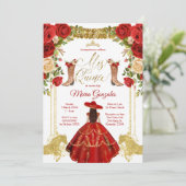 Red Charro Kleid und Stiefel mexikanische Mis Quin Einladung (Stehend Vorderseite)