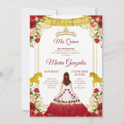 Red Charro Mexican Charra Mis XV Anos Einladung (Vorderseite)