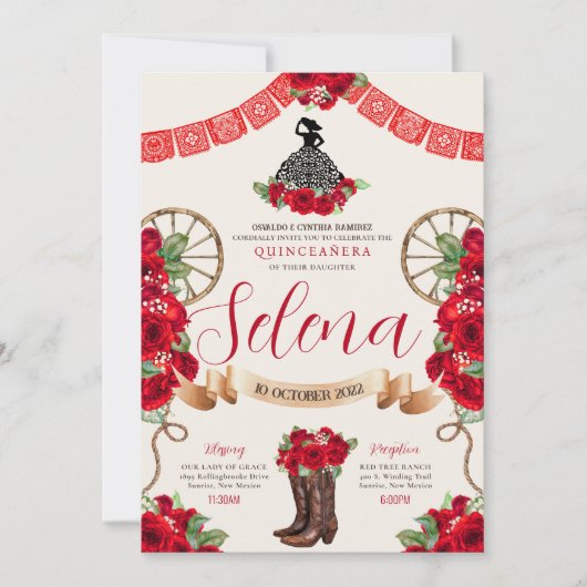 Red Charro Quinceanera Papel Picado Western Rose Einladung (Vorderseite)