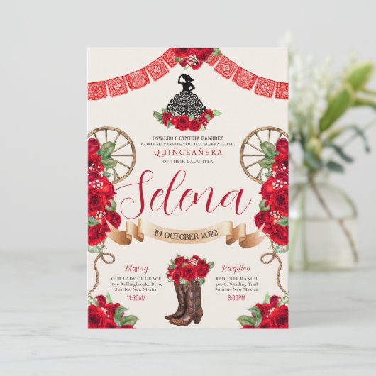 Red Charro Quinceanera Papel Picado Western Rose Einladung (Stehend Vorderseite)