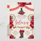Red Charro Quinceanera Papel Picado Western Rose Einladung (Vorne/Hinten)