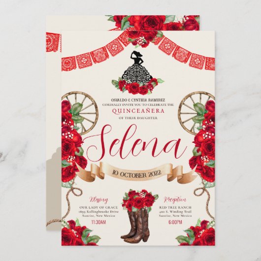 Red Charro Quinceanera Papel Picado Western Rose Einladung (Vorne/Hinten)