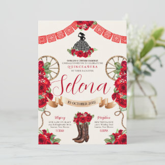 Red Charro Quinceanera Papel Picado Western Rose Einladung