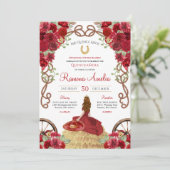 Red Charro Rustikaler Western Floral Quinceañera Einladung (Stehend Vorderseite)