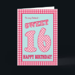Red Check Polkas Sweet 16th Birthday for Friend Einladung<br><div class="desc">A Sweet 16th Birthday Card for a Friend,  with a pretty,  retro feel. The letters,  numbers and border are in red and white check gingham and polka dots on a sky blue background. You can change the inside message if you wish.</div>