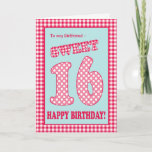 Red Check Polkas Sweet 16th Birthday Girlfriend Einladung<br><div class="desc">A Sweet 16th Birthday Card for a Girlfriend,  with a pretty,  retro feel. The letters,  numbers and border are in red and white check gingham and polka dots on a sky blue background. You can change the inside message if you wish.</div>