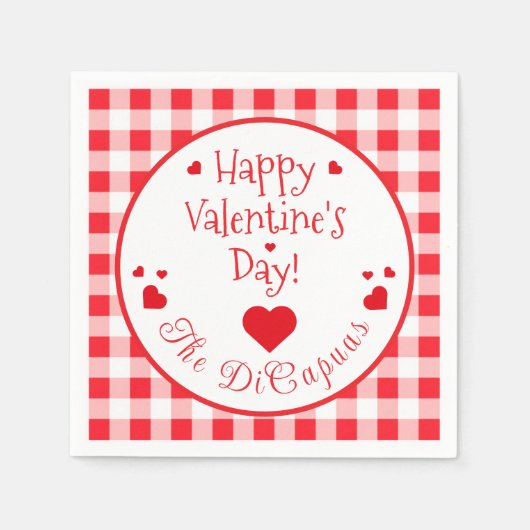 Red Check Red Hearts Valentine's Day Paper Napkin Serviette (Vorderseite)