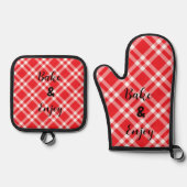 Red Checked Bake & Enjoy Ofenhandschuh & Topflappen-Set (Vorderseite)