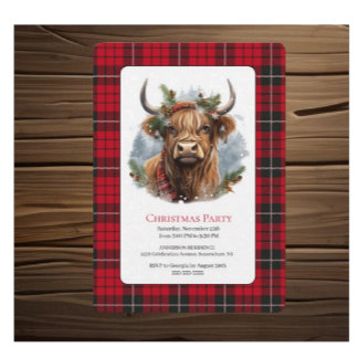Red Checked Christmas Highlander Cow Einladung