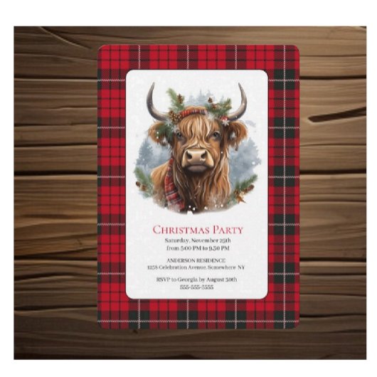 Red Checked Christmas Highlander Cow Einladung