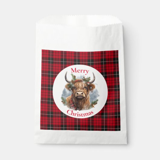 Red Checked Christmas Highlander Cow Geschenktütchen (Vorderseite)