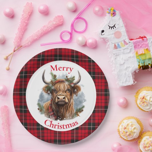 Red Checked Christmas Highlander Cow Pappteller (Party)