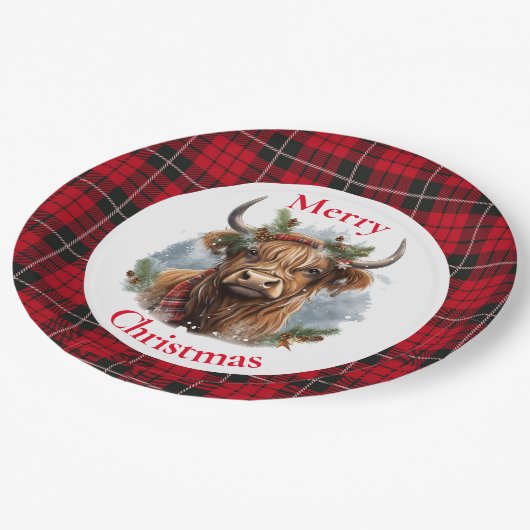 Red Checked Christmas Highlander Cow Pappteller (Schrägansicht)