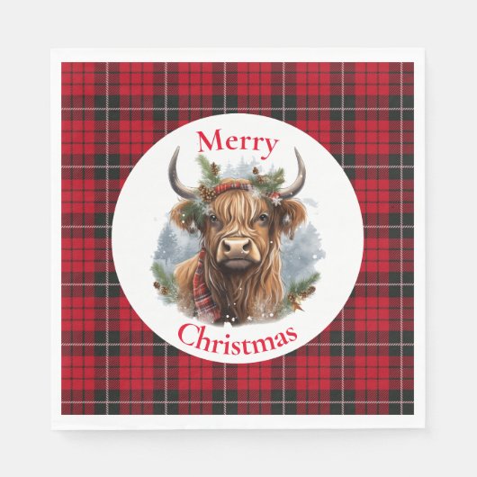 Red Checked Christmas Highlander Cow Serviette (Vorderseite)