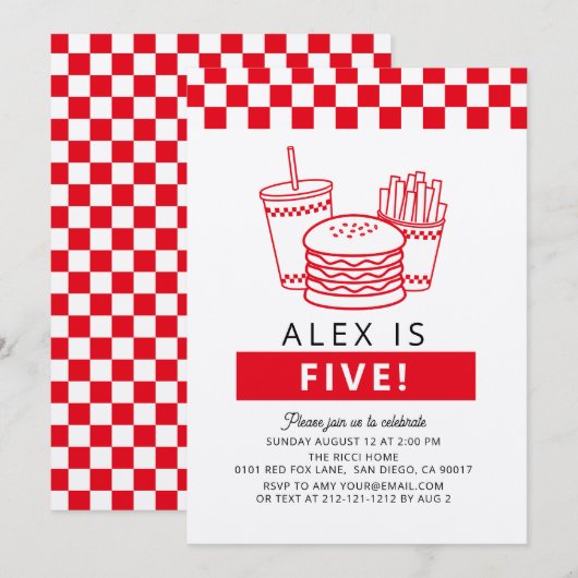 Red Checker Hamburger Boy Birthday Einladung (Vorne/Hinten)