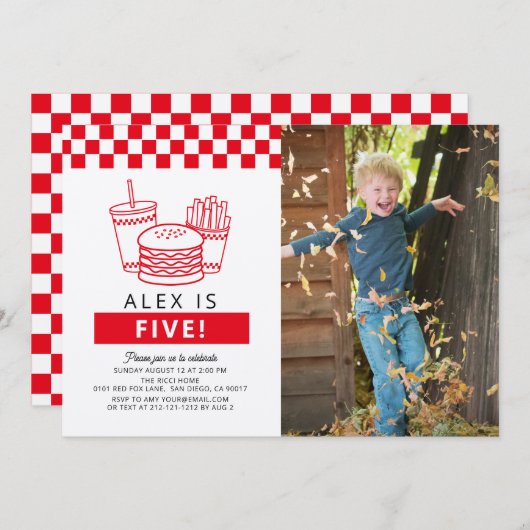 Red Checker Hamburger Photo 5th Birthday Einladung (Vorne/Hinten)