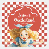 Red Checkered Alice in ONEDERLAND 1st Birthday  Quadratischer Aufkleber (Vorderseite)