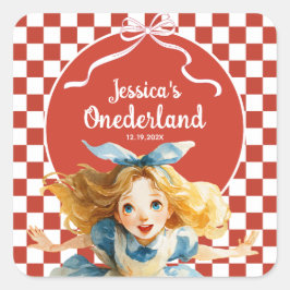 Red Checkered Alice in ONEDERLAND 1st Birthday Quadratischer Aufkleber