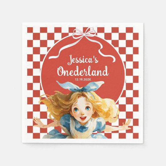 Red Checkered Alice in ONEDERLAND 1st Birthday Serviette (Vorderseite)