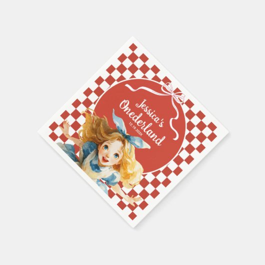 Red Checkered Alice in ONEDERLAND 1st Birthday Serviette (Ecke)