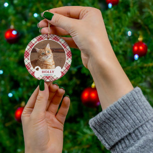 Red Checkered Christmas Tartan Custom Cat Keramik Ornament