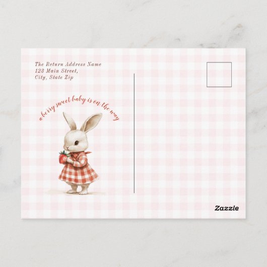 Red Checkered Garden Berry Sweet Bunny Baby Dusche Postkarte (Rückseite)